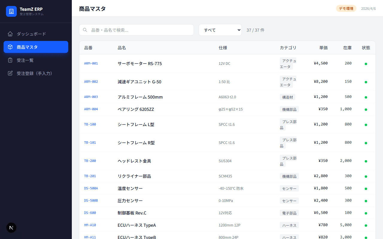 基幹システムの商品マスタ画面(37品目)