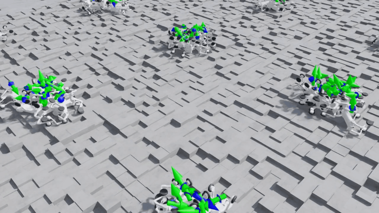 学習開始直後 — ロボットが転倒し、まだ歩行できない状態