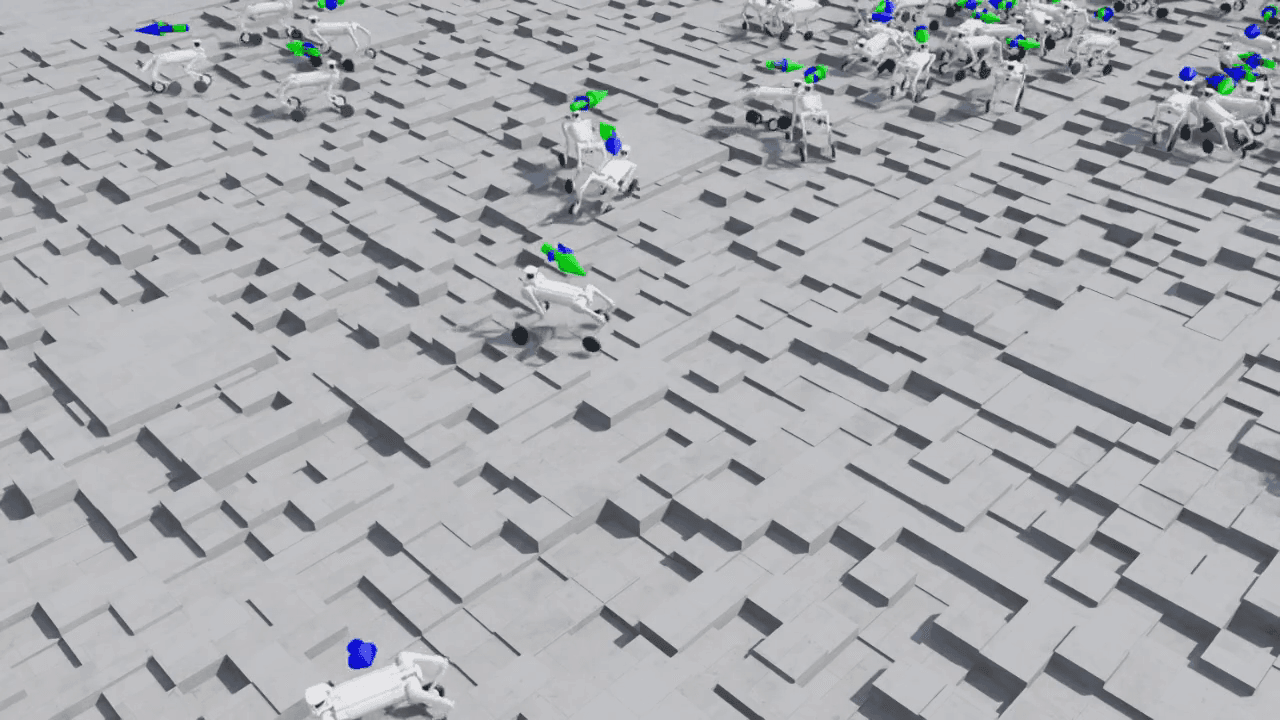 学習初期 — 一部のロボットが立ち上がり始める