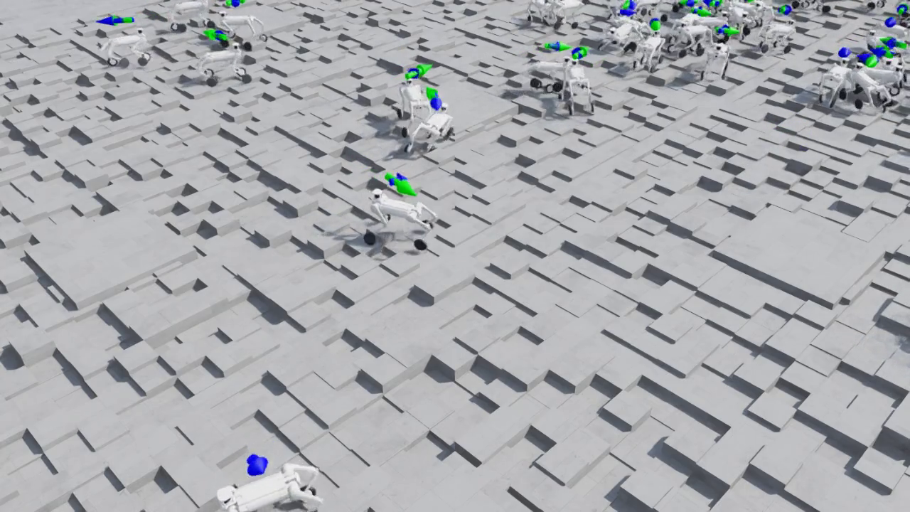 学習初期 — 一部のロボットが立ち上がり始める